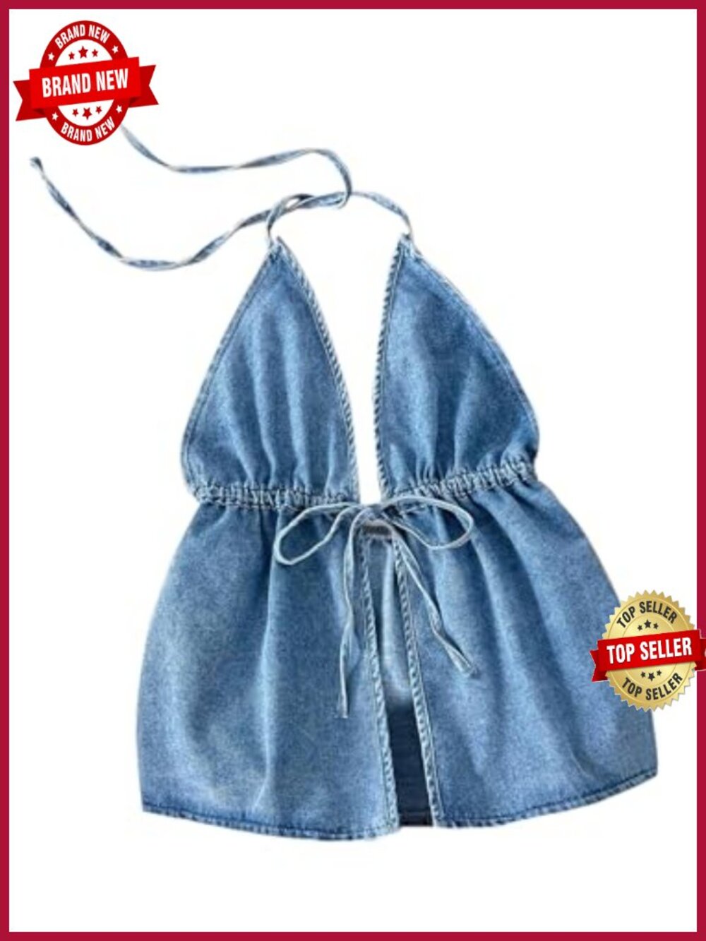 Denim Halter Top Sleeveless Crop Tank Self Tie Peplum Jean Top